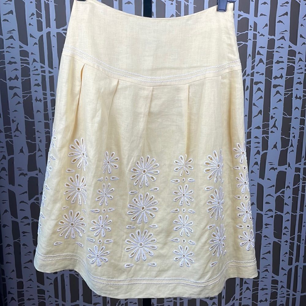 Peck & Peck Petite yellow 100% linen embroidered drop waist A-Line Midi skirt
